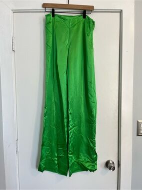 Erika Cavallini Bright Green Wide-Leg pants shiny Satin Trousers 29.5 inch waist